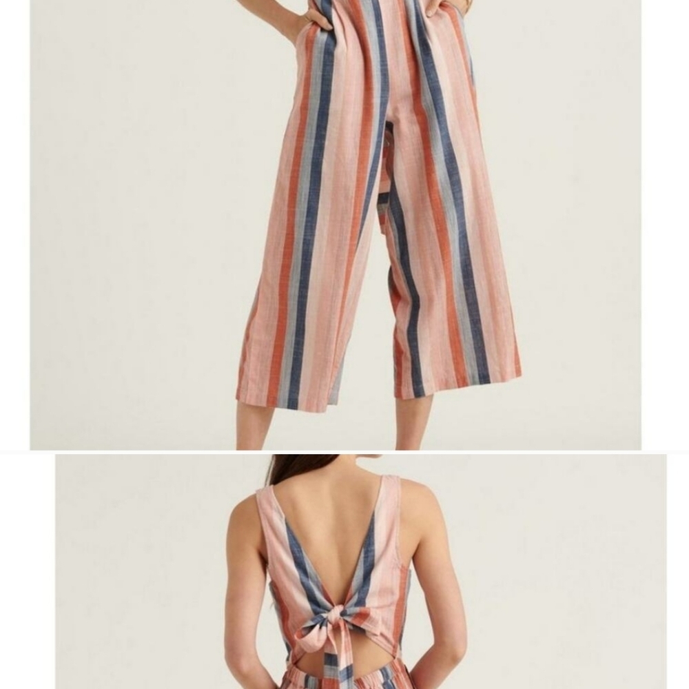 Lucky Brand Womens Pastel Striped Blake Jumpsuit Open Back Wide Crop Leg Ties XS